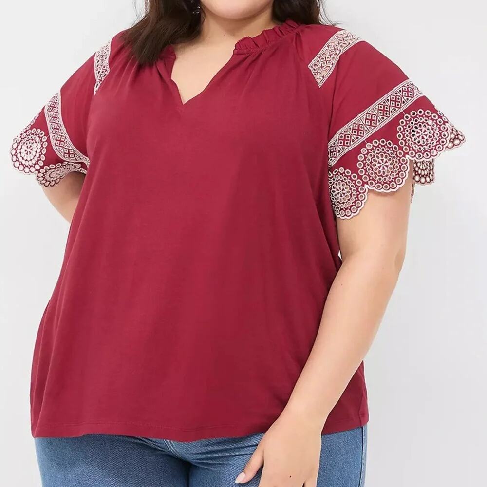 Lane Bryant Woman's top eyelet short sleeve‎ knit top burgundy cream plus size